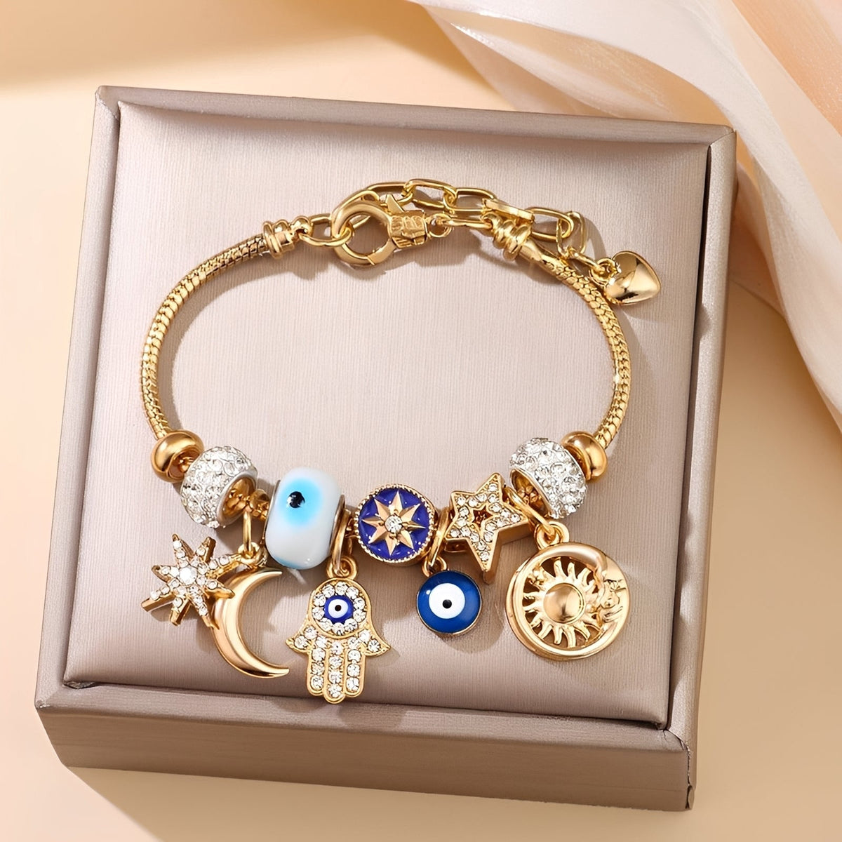 Women's Charm Bracelet with Hamsa Hand Evil Eye and Celestial Charms