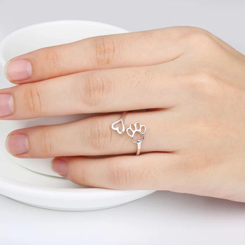 Women Adjustable Open Ring with Heart and Paw Design