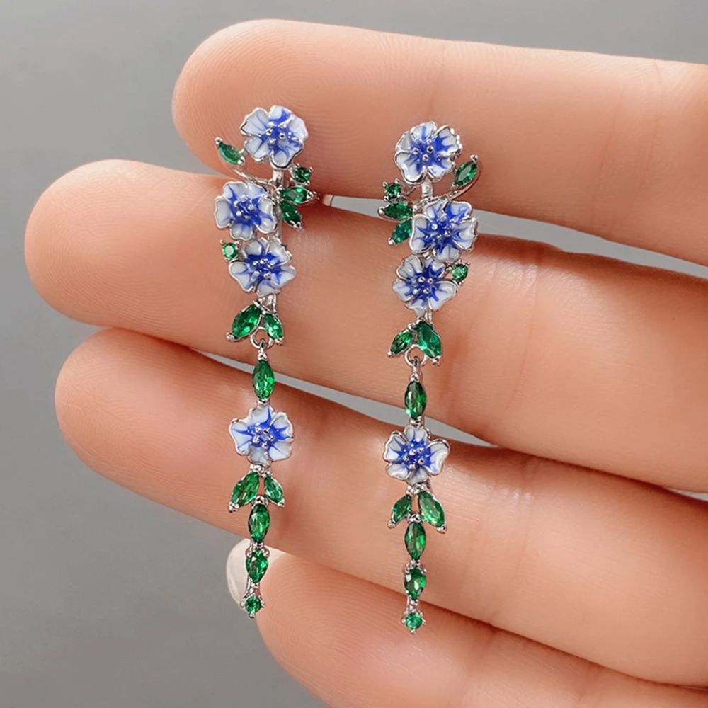 Ladies Chain Earrings with Floral Design - Pair