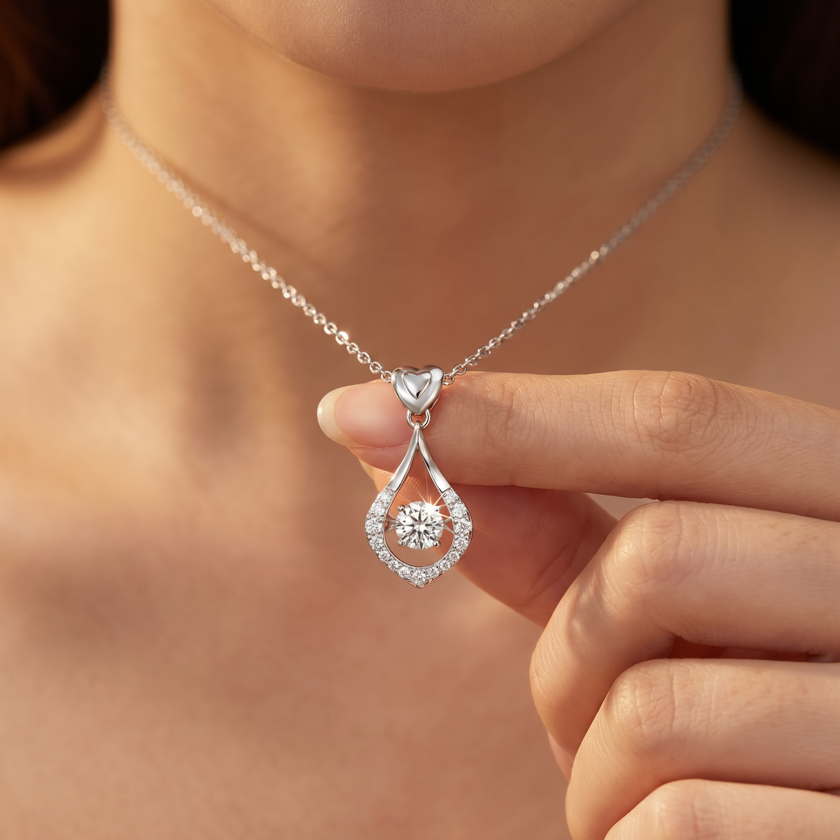 Women's Drop Necklace with Heart Detail and Floating Stone