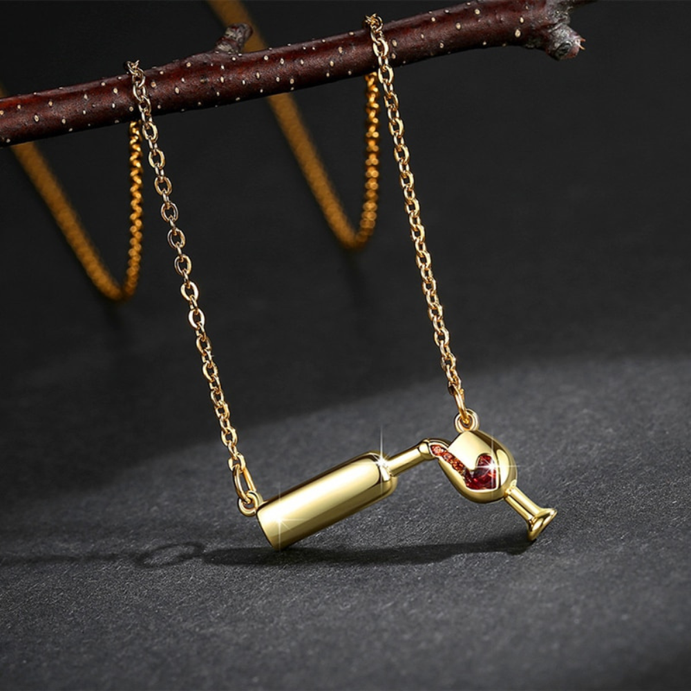 Necklace for Women Featuring Wine Bottle Pendant and Heart Detail