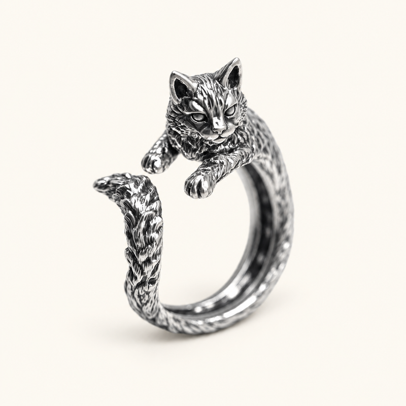 Women's Adjustable Ring with Hugging Cat Design