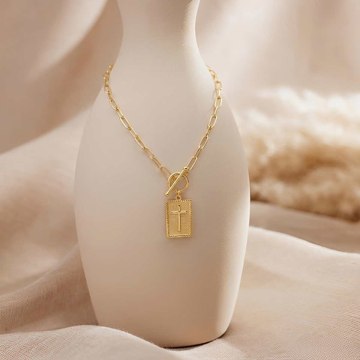 Women's Pendant Necklace with Rectangular Pendant, Paperclip Chain and Toggle Clasp