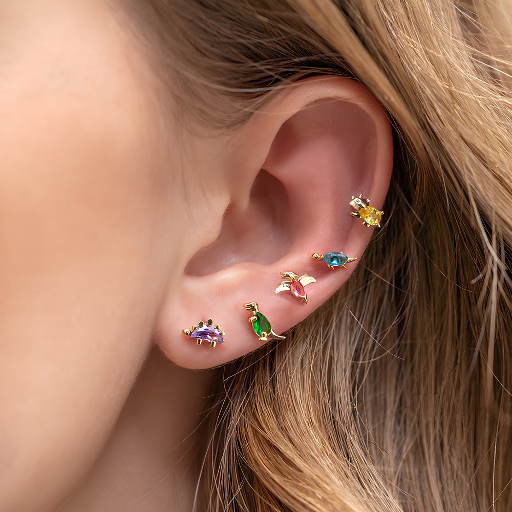 Women’s Dino Earrings in a Set Showcasing Dinosaur Design and Decorative Stone Accents