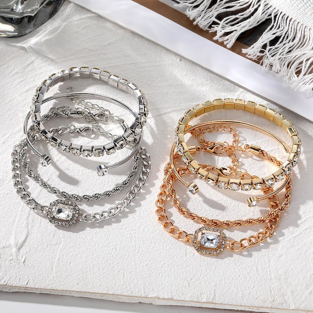 Women's 4-Piece Stackable Bracelet Set with Tennis Cuban Rope Chains and Open Design