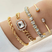 Women's 4-Piece Stackable Bracelet Set with Tennis Cuban Rope Chains and Open Design