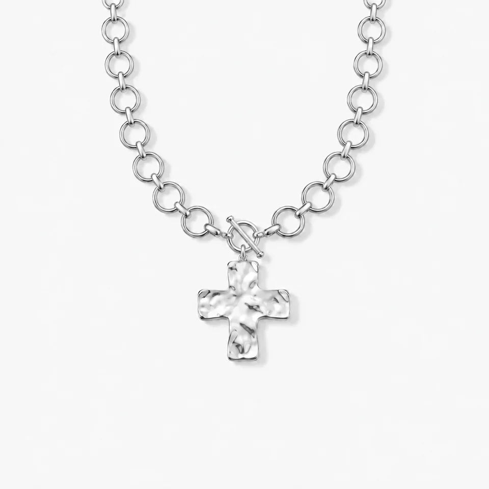 Women's Cross Pendant Necklace with Round Link Chain and Toggle Clasp