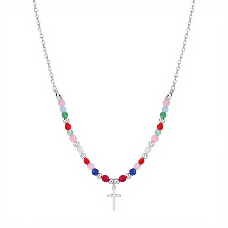 Women’s Cross Pendant Necklace with Pearl Strand and Decorative Stone Details