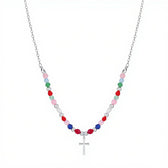 Women’s Cross Pendant Necklace with Pearl Strand and Decorative Stone Details