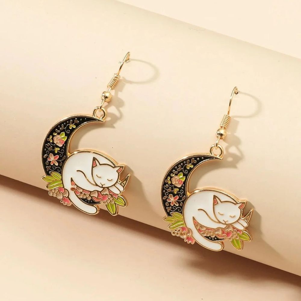 Earrings for Women Featuring Cat on Half Moon - Pair