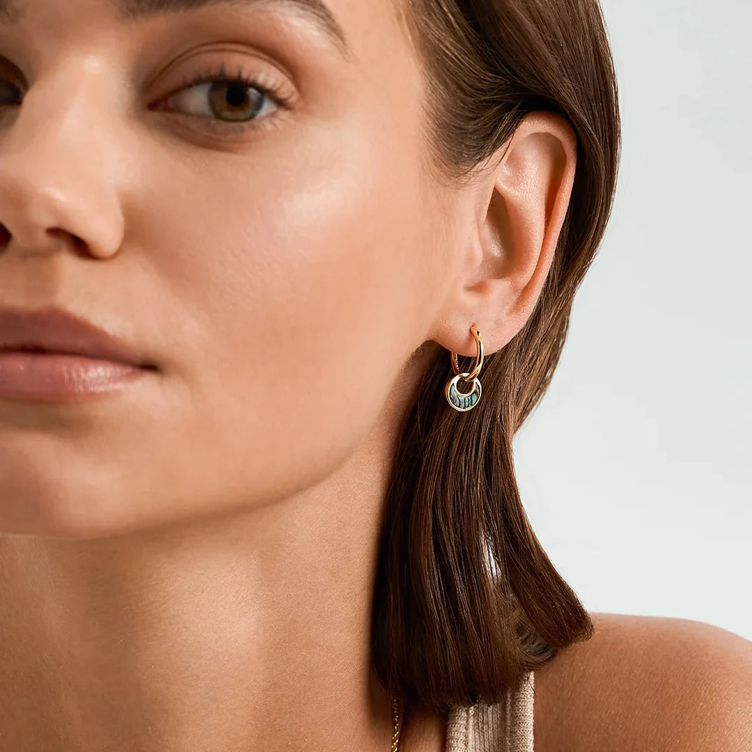 Women’s Hoop Earrings with Circular Pendant and Ornamental Inlay