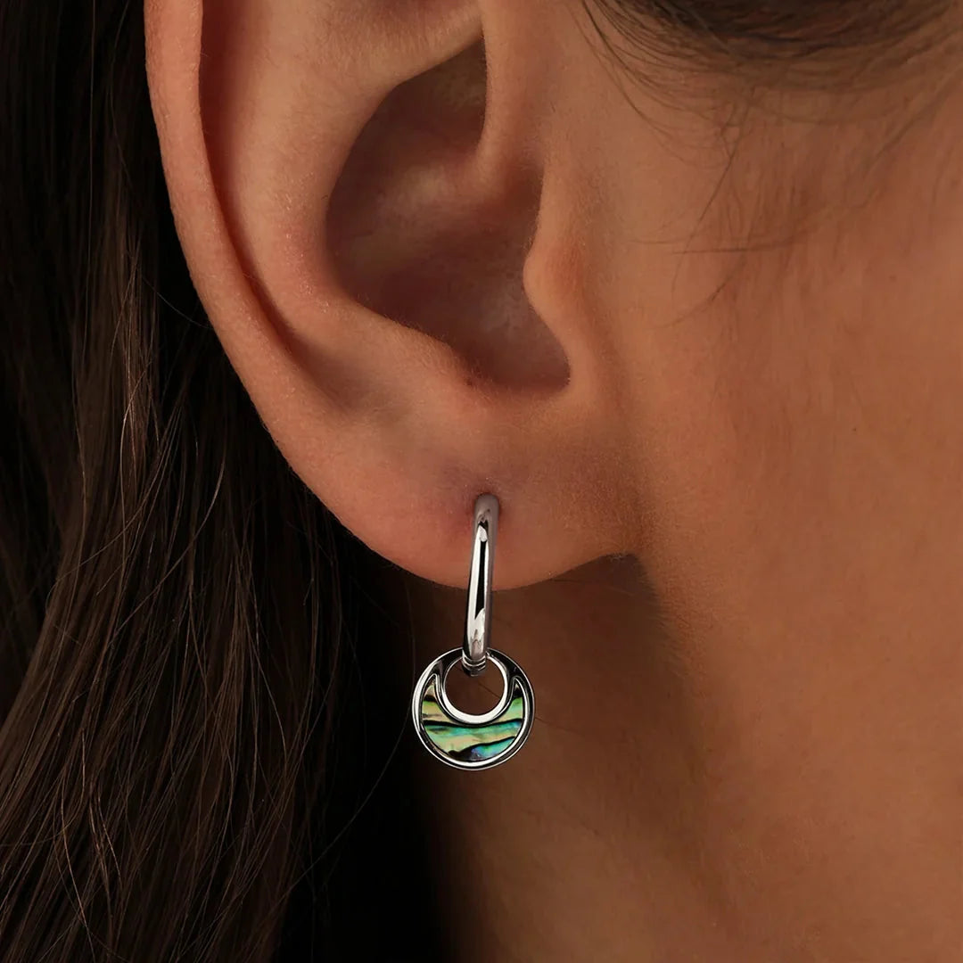 Women’s Hoop Earrings with Circular Pendant and Ornamental Inlay