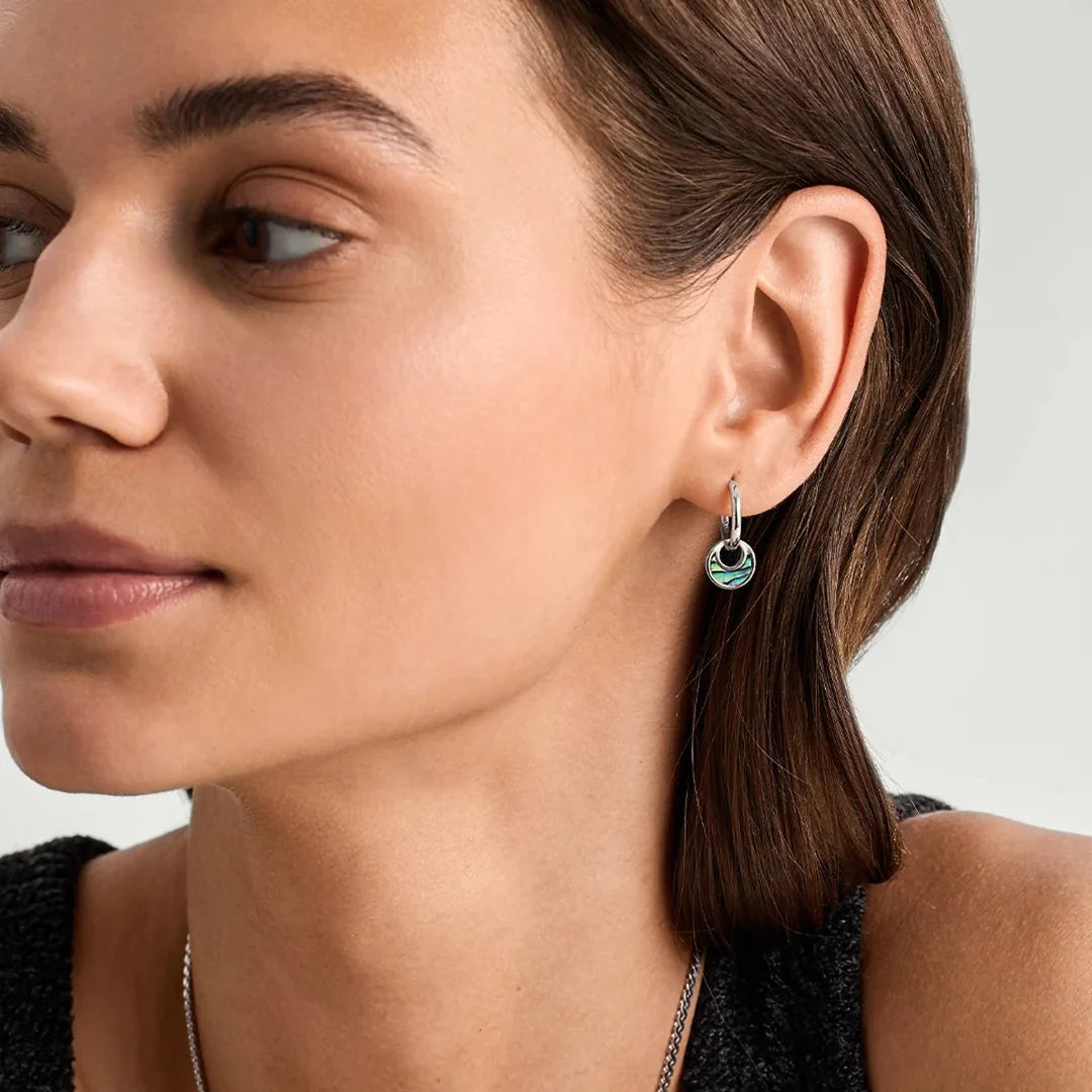 Women’s Hoop Earrings with Circular Pendant and Ornamental Inlay