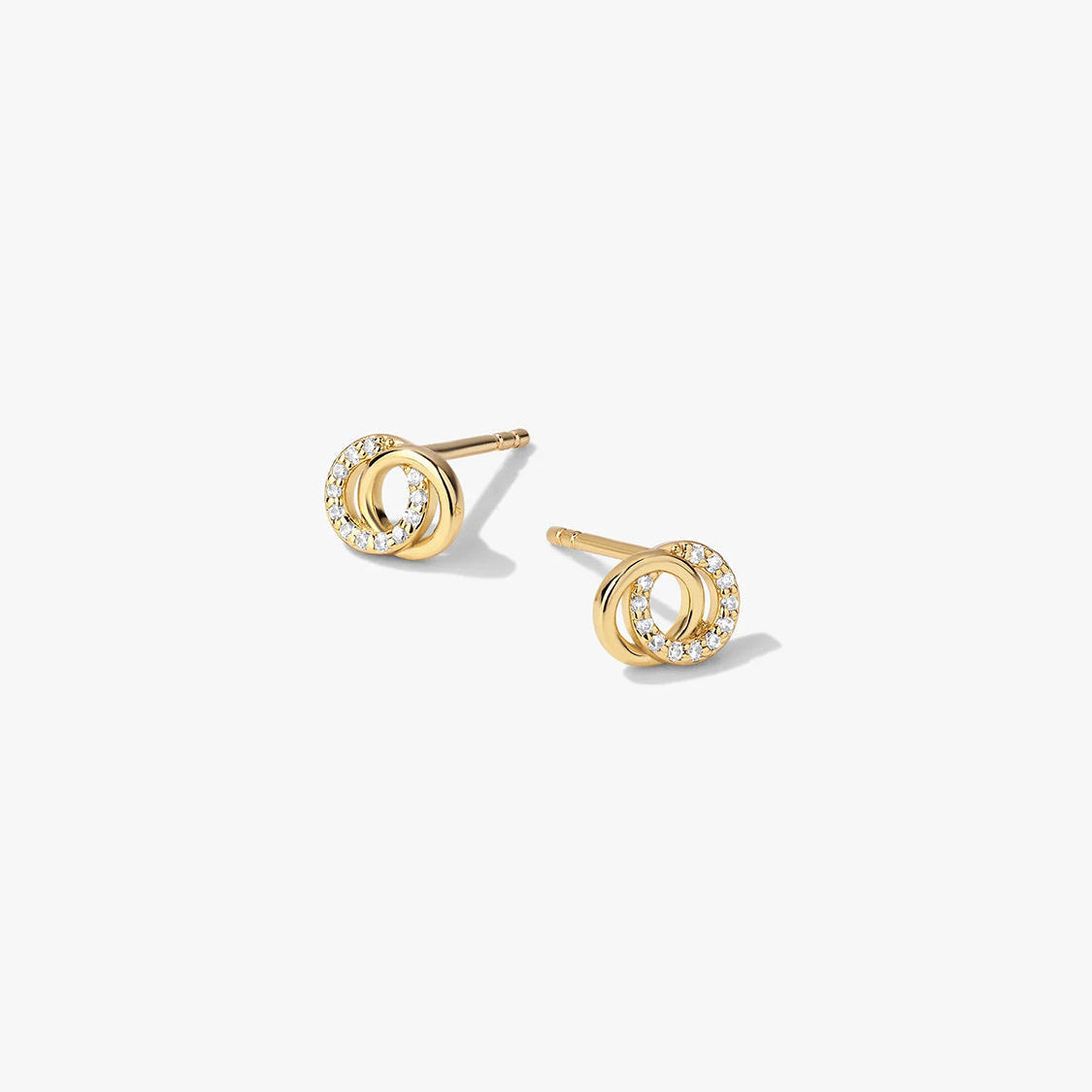 Women's Ear Studs with Interlocking Double Circles and Gemstone Accents