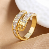 Women's Adjustable Wrap Ring with Buckle-Style Closure and Stone Details