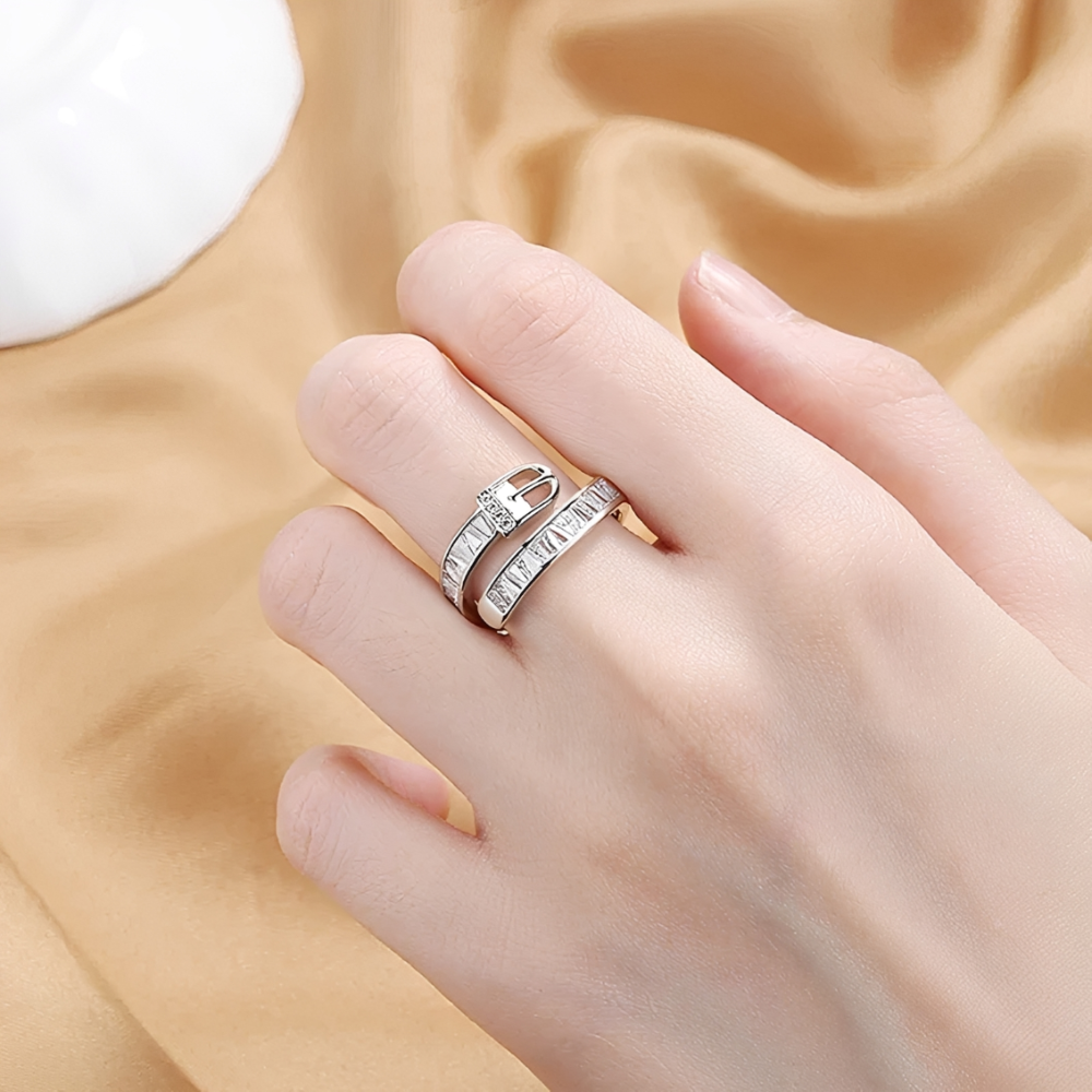 Women's Adjustable Wrap Ring with Buckle-Style Closure and Stone Details