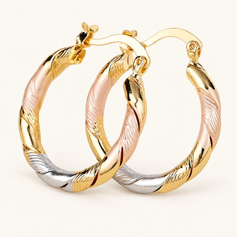 Women's Hoop Earrings with Three Contrast Design and Spiral Wrapped Shape