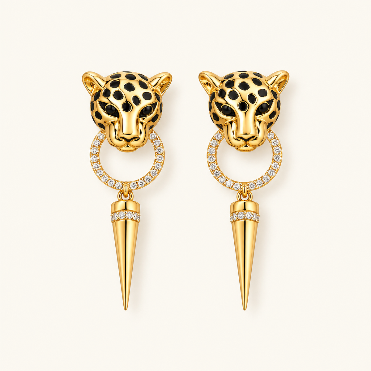 Women's Dangle Earrings with Leopard Head, Round Pendant and Pointed Feature