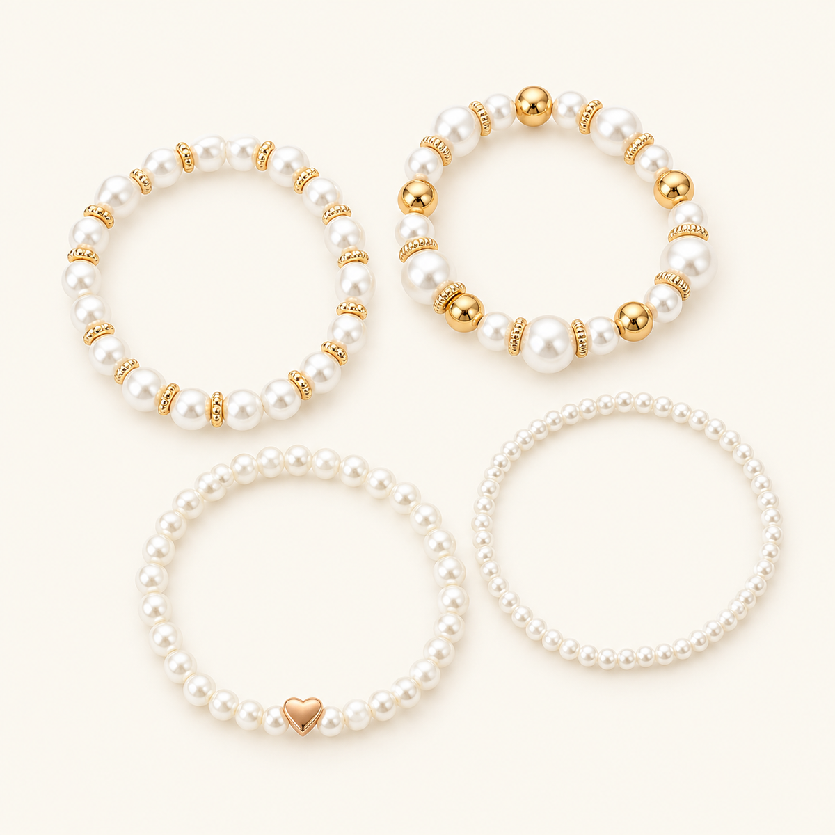 Women's 4-Piece Stackable Bracelet Set with Pearl Accents and Heart Charm