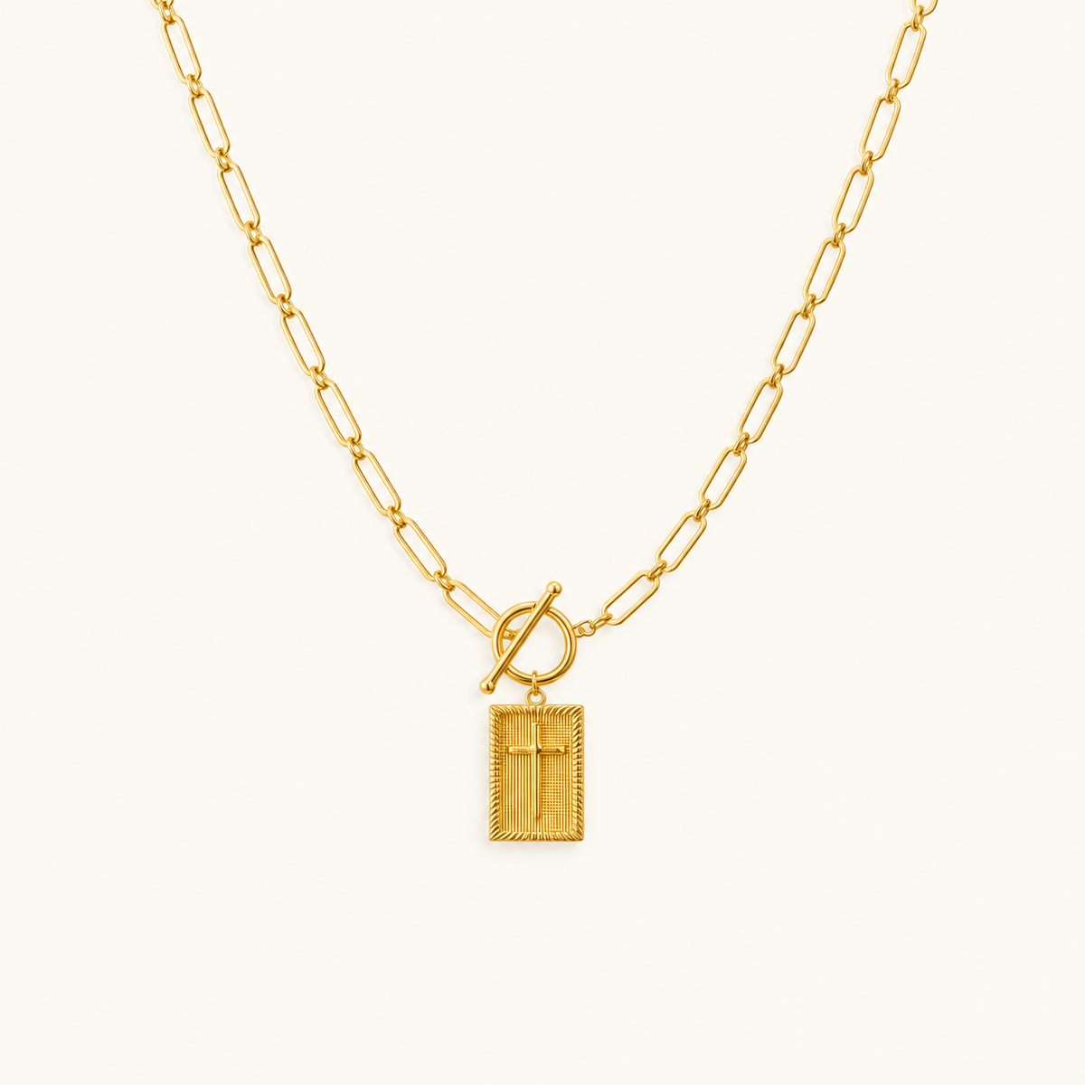 Women's Pendant Necklace with Rectangular Pendant, Paperclip Chain and Toggle Clasp