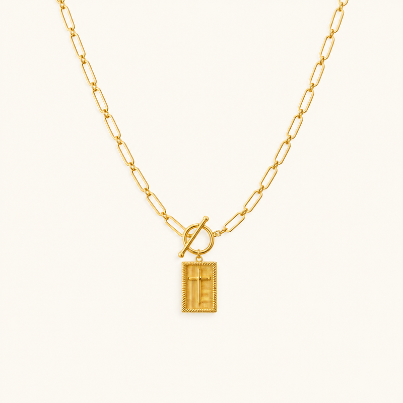 Women's Pendant Necklace with Rectangular Pendant, Paperclip Chain and Toggle Clasp