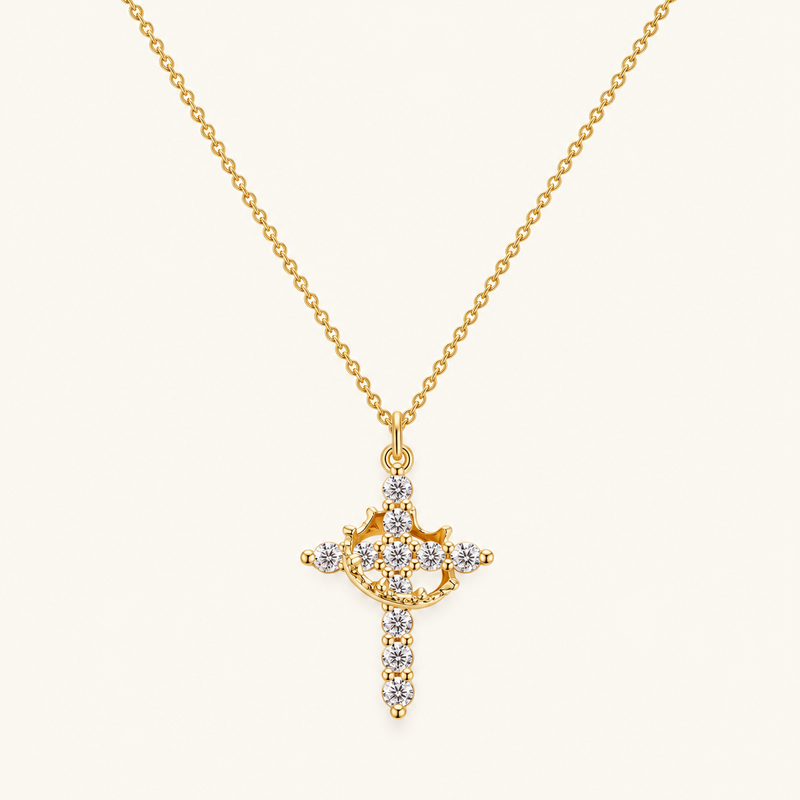 Women's Pendant Necklace Showcasing Cross and Crown Style with Stone Highlights