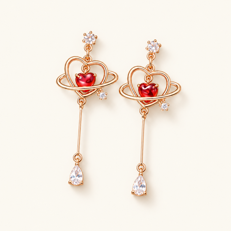 Ladies' Heart Earrings Featuring a Subtle Chain Design