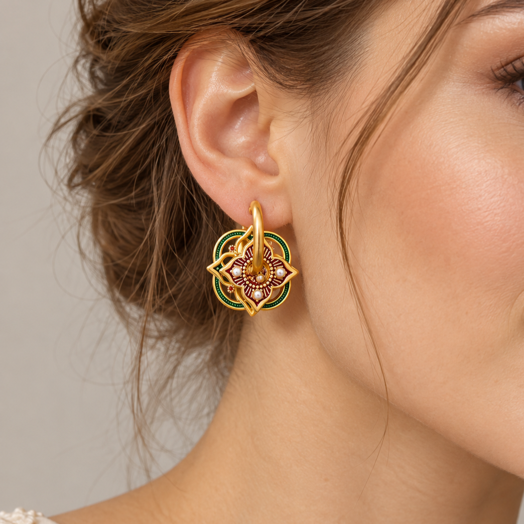 Women's Jhumka Earrings with Geometric Rangoli Design and Ornamental Details