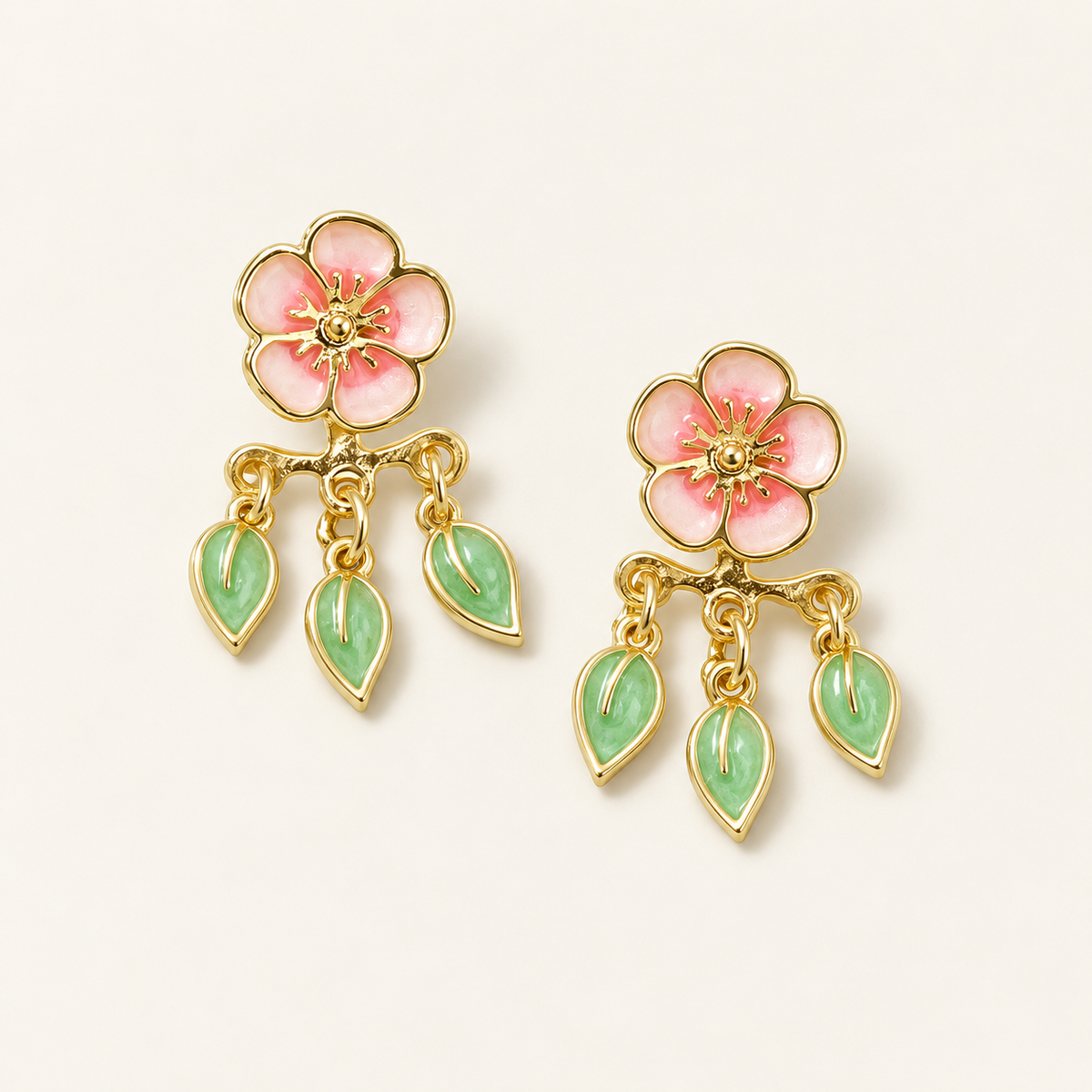 Women’s Cherry Blossom Earrings with Leaf Motif