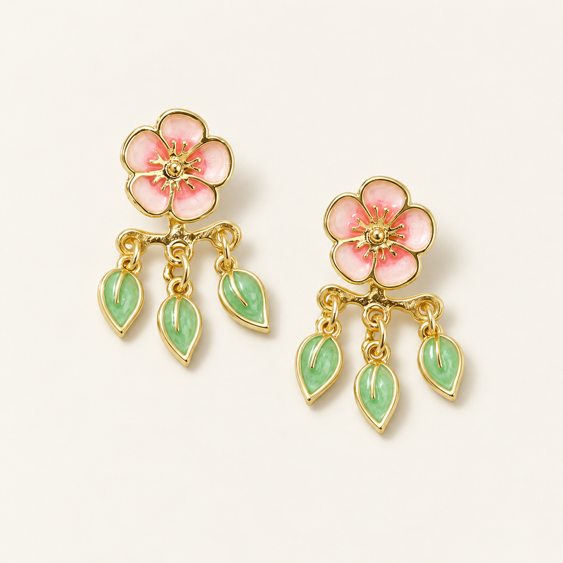 Women’s Cherry Blossom Earrings with Leaf Motif