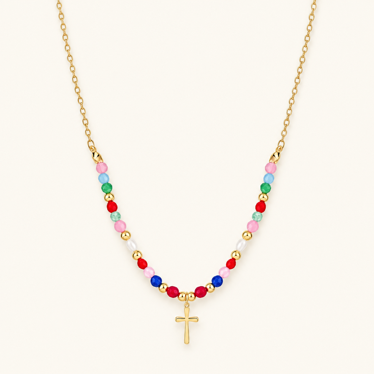 Women’s Cross Pendant Necklace with Pearl Strand and Decorative Stone Details
