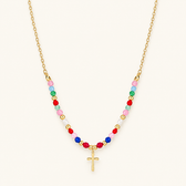 Women’s Cross Pendant Necklace with Pearl Strand and Decorative Stone Details