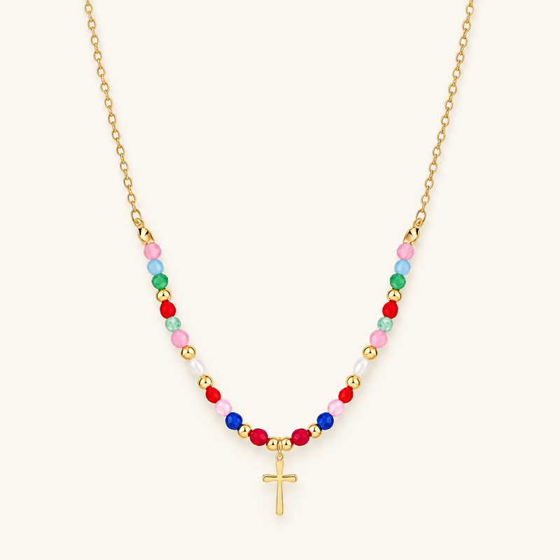 Women’s Cross Pendant Necklace with Pearl Strand and Decorative Stone Details