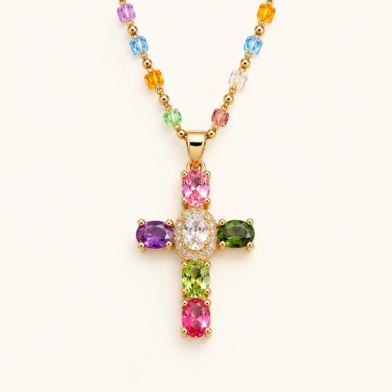 Women’s Cross Necklace with Vibrant Stone Details