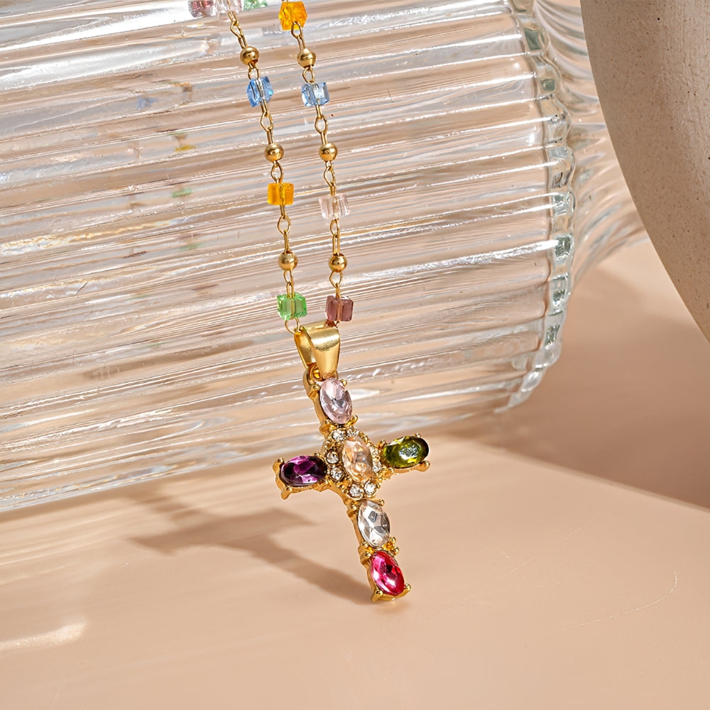 Women’s Cross Necklace with Vibrant Stone Details