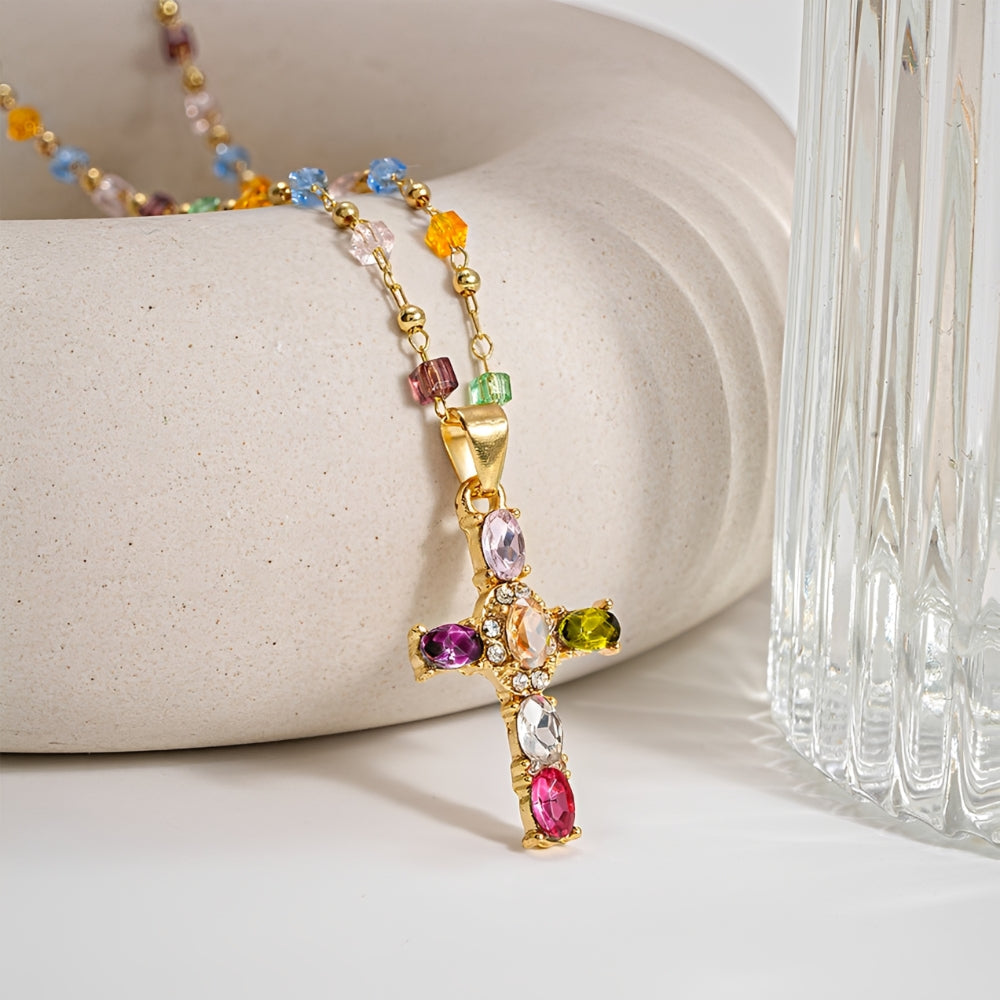 Women’s Cross Necklace with Vibrant Stone Details