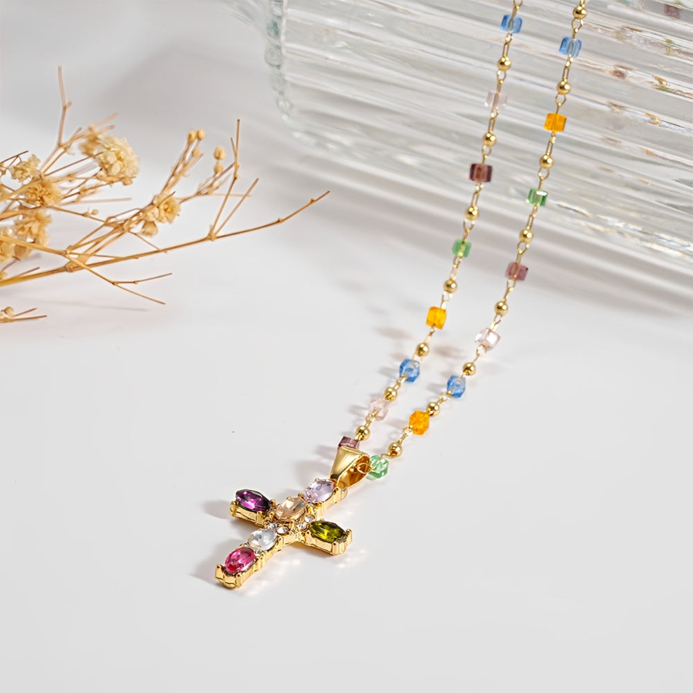Women’s Cross Necklace with Vibrant Stone Details