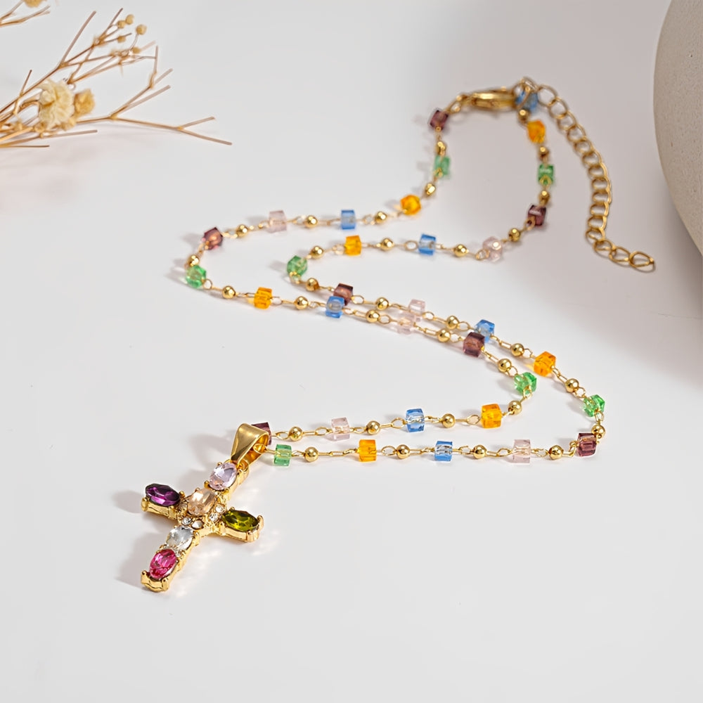 Women’s Cross Necklace with Vibrant Stone Details