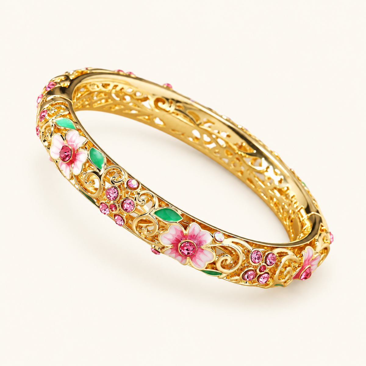 Open Flower Bracelet for Women with Enamel Details and Stone Accents