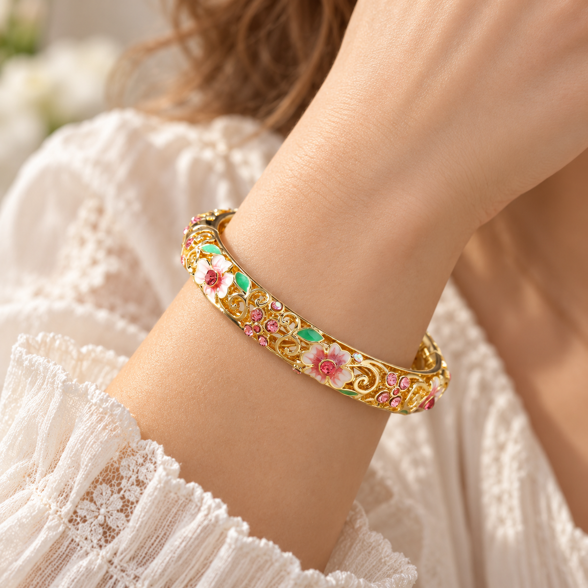 Open Flower Bracelet for Women with Enamel Details and Stone Accents