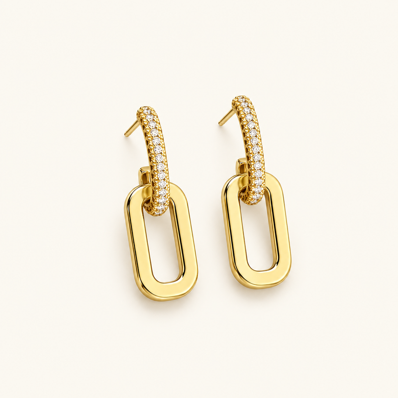 Women's Stud Earrings with Double Loop Design and Stone Accents