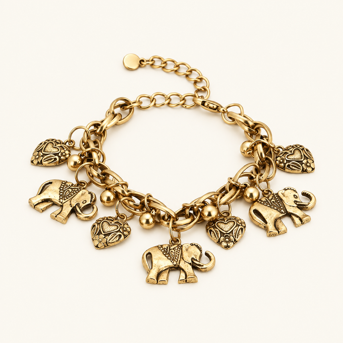 Women's Vintage Anklet with Elephants and Heart Charms
