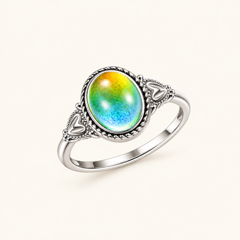 Women's Vintage Mood Ring with Central Stone and Decorative Band Design