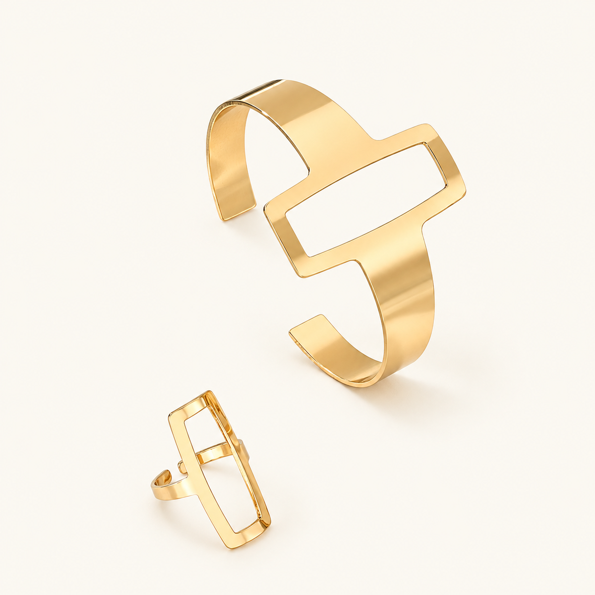 Women's Adjustable Bracelet and Ring Set with Geometric Rectangle Design