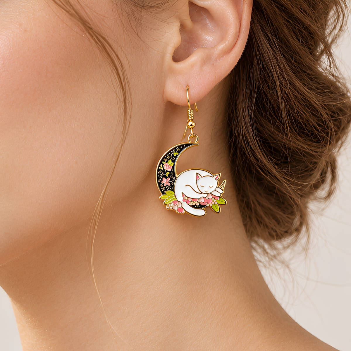 Earrings for Women Featuring Cat on Half Moon - Pair