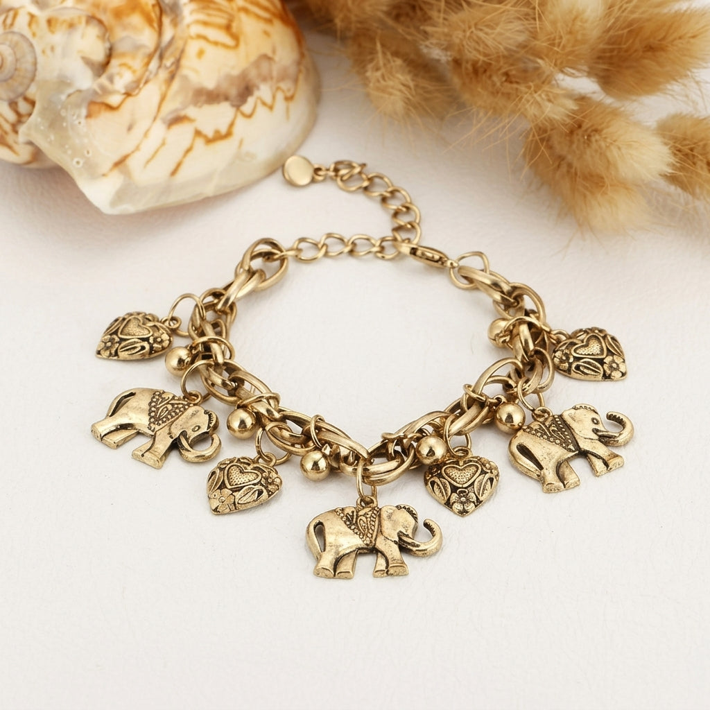 Women's Vintage Anklet with Elephants and Heart Charms