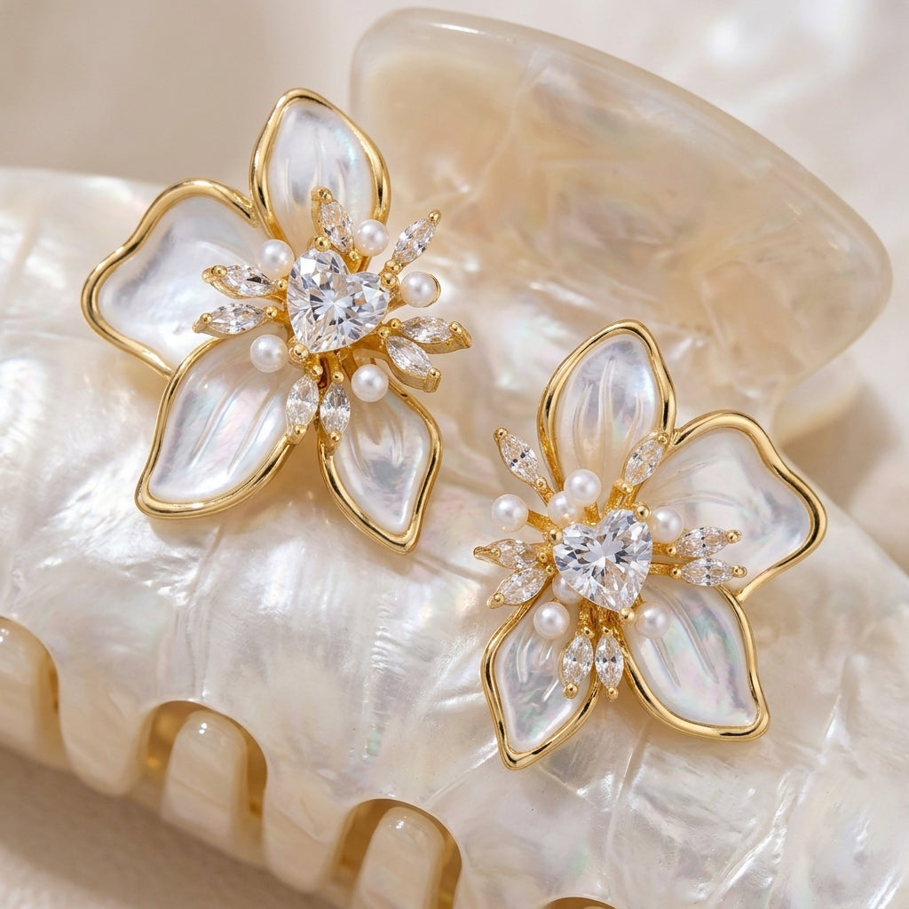 Women's Ear Studs in Flower Design with Heart Accent and Pearl-like Petals