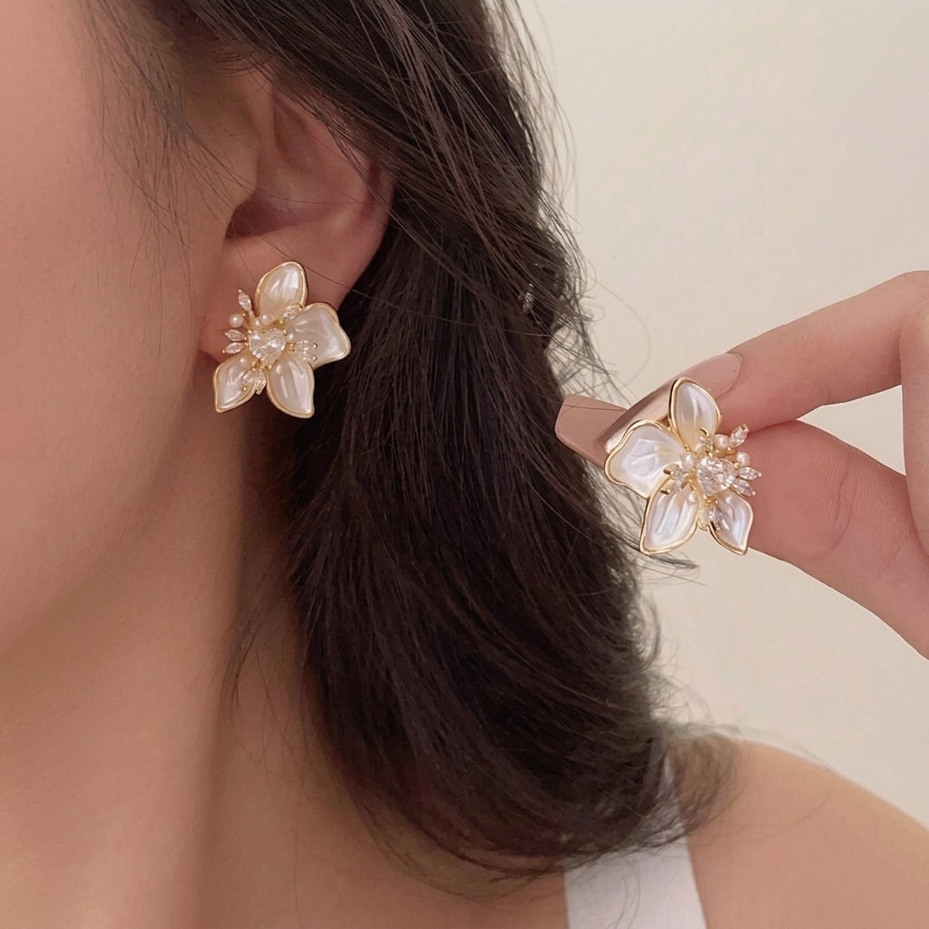 Women's Ear Studs in Flower Design with Heart Accent and Pearl-like Petals