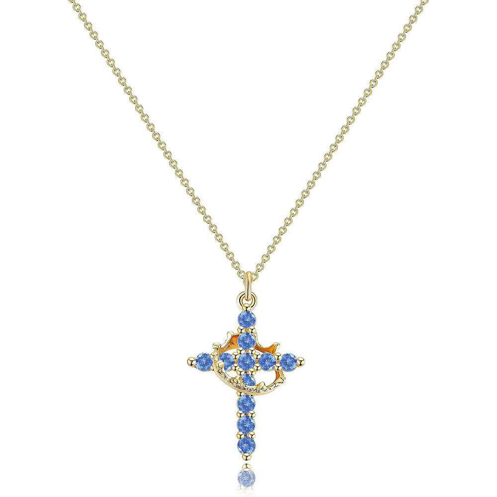 Women's Pendant Necklace Showcasing Cross and Crown Style with Stone Highlights