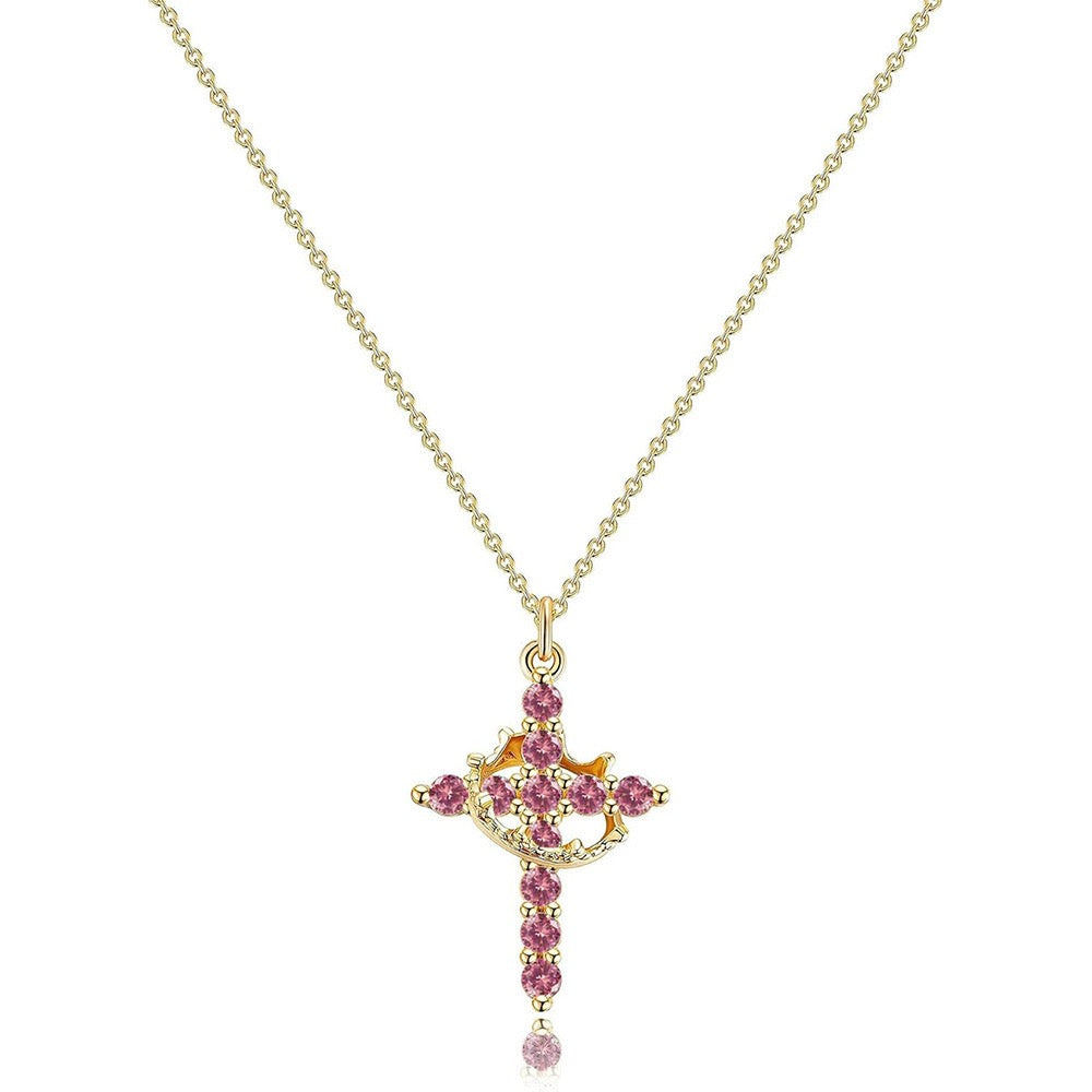 Women's Pendant Necklace Showcasing Cross and Crown Style with Stone Highlights